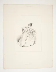 Robe de bal. Coiffure Jouenne, fleurs de Nattier.