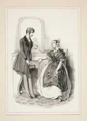 Robe en taffetas serge, fichu et tablier en pou-de-soie garni de dentelles des magasins...