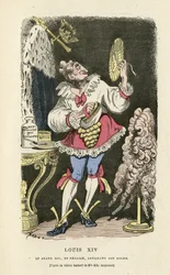 Illustration de Hadol (1835-1875) dans Histoire de France tintamarresque, vers 1880 - Maquillage, Ancien régime, Soleil, Perruque - Louis XIV