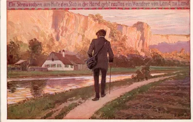 Un petit bouquet au chapeau, le bâton à la main (...)