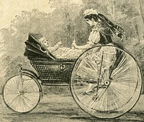 Kinder-Waerterin (nourrice), illustration de Paul Heydel, une poussette va comme un vélo, du magazine Ueber Land und Meer. Deutsche Illustrirte Zeitung