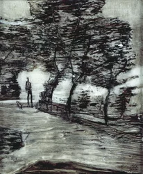 Chemin de parc, avec homme grand et chien