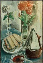 Nature morte avec cafetière, fleurs et pâtisseries