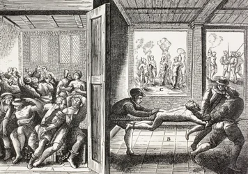 Propagande du 16e siècle illustrant la violence des huguenots français contre les catholiques dans le sud de la France.