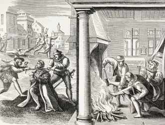 Propagande du 16e siècle illustrant la violence des huguenots français contre les catholiques.