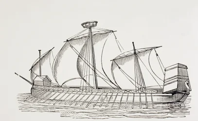 Galère à trois mâts du 16e siècle avec voiles carrées.