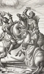 La chevalerie représentée par des figures allégoriques. Chevaliers combattant à cheval. D
