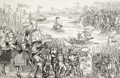 Débarquement des croisés à Damiette, en Égypte, en 1249, lors de la septième croisade.