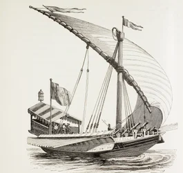 Galère pontificale avec voiles, rames et artillerie lourde. Elle arbore le drapeau papal. D