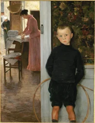 Enfant et femme dans un interieur (peinture sur toile)