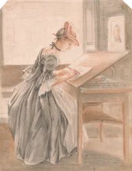 Une dame copiant à une table de dessin