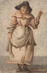 Une vieille marchande souriant et gesticulant de la main gauche