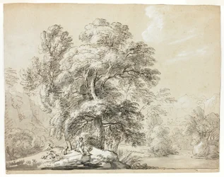Homme et chien assis sous les arbres près de la rivière