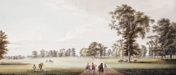 Cavaliers dans une avenue du parc de Luton, avec des personnages dans un phaéton et des rustiques à gauche