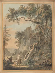 Paysage romantique - Paysans au pied d
