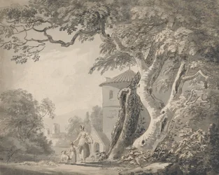 Paysage romantique avec figures et un chien