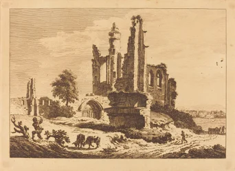 Abbaye en ruine avec du bétail et un homme coupant du bois