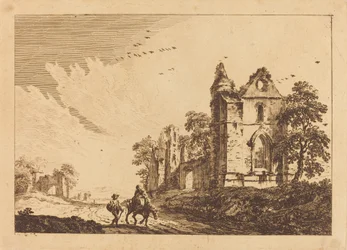 Abbaye en ruine avec des voyageurs sur la route