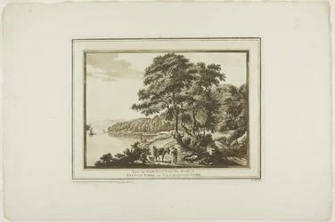 Vue sur la rivière Neath depuis la maison à Briton Ferry dans le Glamorgan Shire, de Douze vues en aquatinte de dessins pris sur place au sud du Pays de Galles