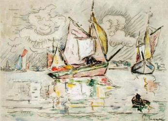 Bateaux de pêche (fusain, aquarelle et gouache sur papier)