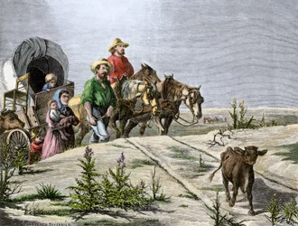 Histoire des colons de West Conquete : Pionniers américains. "Arkansas pelerins" : une famille traverse les Grandes Plaines en diligence. Gravure colorée du 19e siècle.