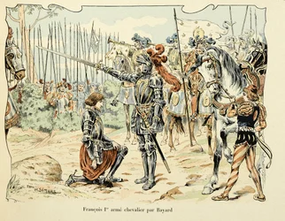 Illustration tirée du livre « Histoire du chevalier Bayard » de Théodore Cahu, illustrée par Paul De Sémant (1855-1915) : François Ier armé chevalier par Bayard 1515