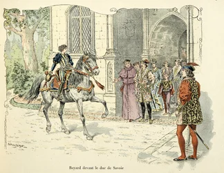 Illustration tirée du livre « Histoire du chevalier Bayard » de Théodore Cahu, illustrée par Paul De Sémant (1855-1915) : Bayard à 11 ans devant le duc de Savoie 1486
