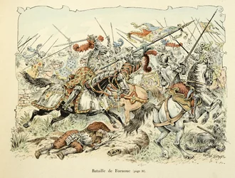 Illustration tirée du livre « Histoire du chevalier Bayard » de Théodore Cahu, illustrée par Paul De Sémant (1855-1915) : Bataille de Fornoua 1495