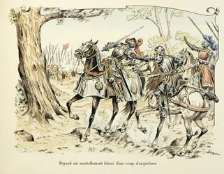 Illustration tirée du livre "Histoire du chevalier Bayard" par Théodore Cahu, illustrée par Paul De Sémant : Bayard blesse mortellement avec un coup d