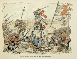 Illustration tirée du livre "Histoire du chevalier Bayard" de Théodore Cahu, illustrée par Paul De Sémant (1855-1915) : Bayard défend seul le pont de Garigliano 1504