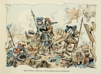 Illustration tirée du livre "Histoire du chevalier Bayard" de Théodore Cahu, illustrée par Paul De Sémant (1855-1915) : Bayard blesse un Brescia soutenu par un lansquenet 1512