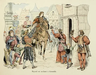 Illustration tirée du livre « Histoire du chevalier Bayard » de Théodore Cahu, illustrée par Paul De Sémant (1855-1915) : Bayard acclamé à Grenoble