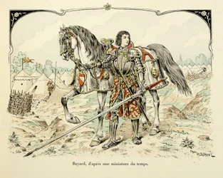 Illustration tirée du livre « Histoire du chevalier Bayard » de Théodore Cahu, illustrée par Paul De Semant (1855-1915) : Portrait de Bayard d