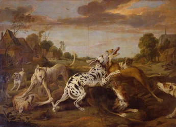 Chiens courants se battant dans un paysage de village avec un groupe de chasseurs au-delà (huile sur toile)