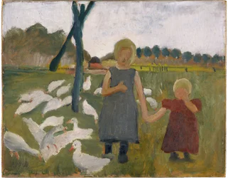 Enfants avec des oies
