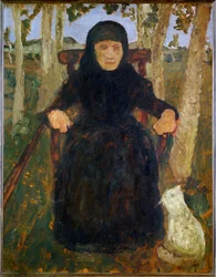 Vieille femme, assise, avec chat (peinture sur toile)