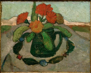 Nature morte avec soucis devant un paysage