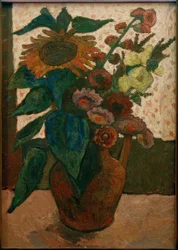 Nature morte avec tournesol, roses trémières et dahlias