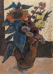 Nature morte avec tournesols, roses trémières et dahlias