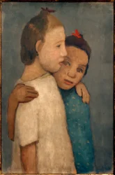 Deux filles en robe blanche et bleue, s