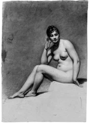 Nu féminin assis, la tête tournée vers la droite, et étude caricaturale de sa tête