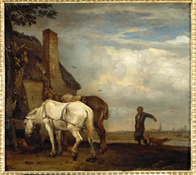 Deux chevaux de trait devant une ferme ...