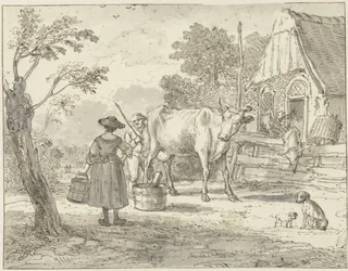 Paysans avec une vache devant la maison