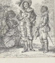 Projet pour illustration de troupe de théâtre : deux figures debout et une figure assise