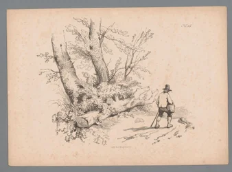 Paysage avec des arbres et un homme avec un bâton de marche et un panier