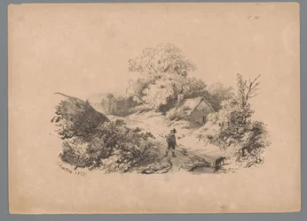 Paysage avec homme et chien sur un chemin de campagne