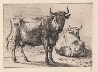 Une vache debout et une autre couchée, de divers bœufs et vaches