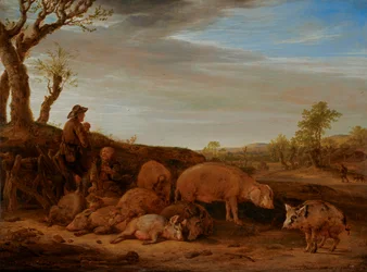 Paysage avec un troupeau de porcs, le porcher conversant avec un autre homme