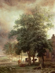 Paysage avec carrosse ou maison au-delà des arbres