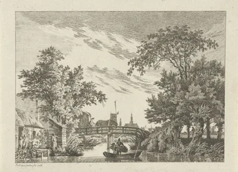 Paysage avec charrette de foin sur un pont